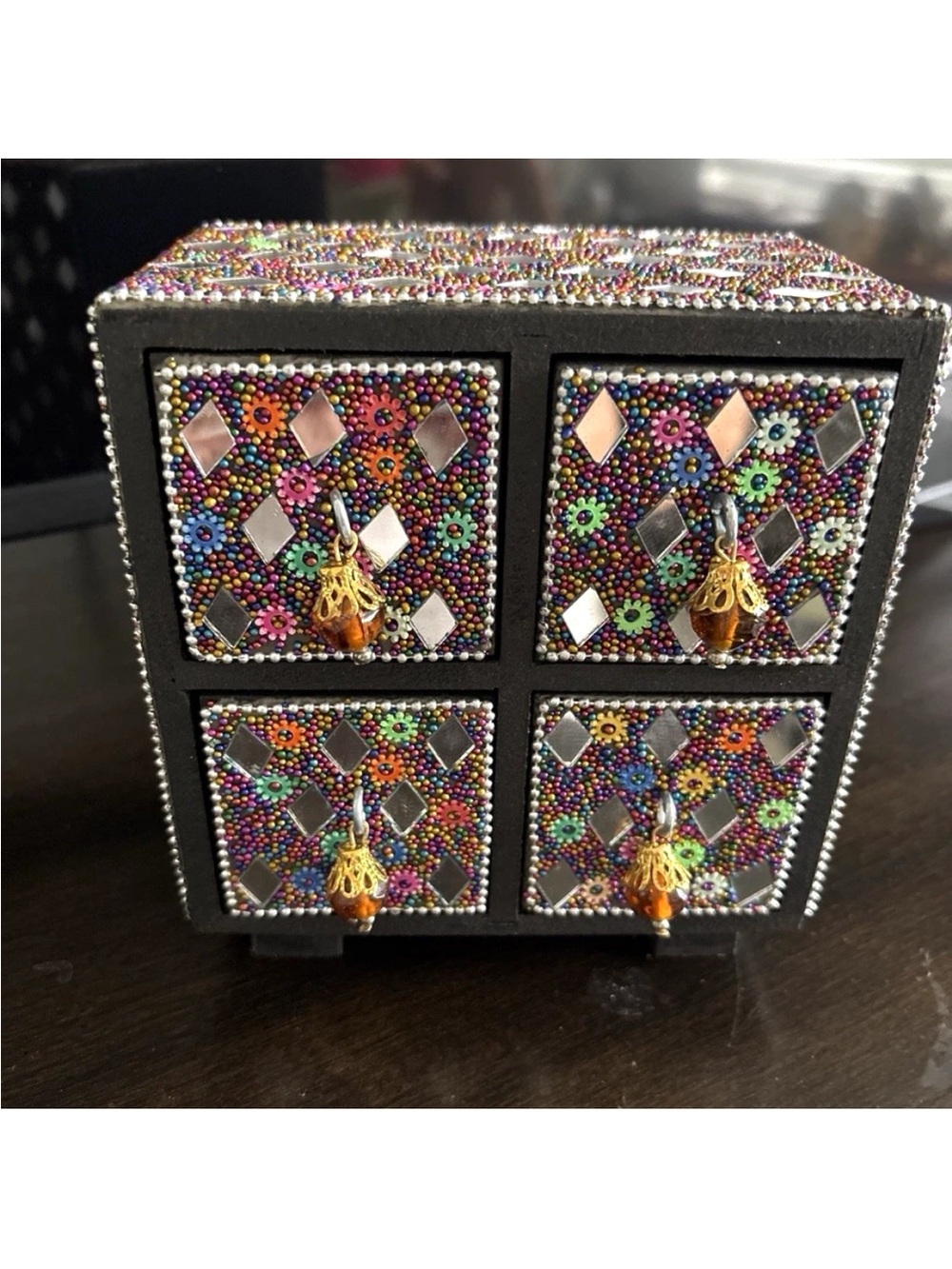 Beaded Multicolor Mini Jewelry Chest with Mirror Accents